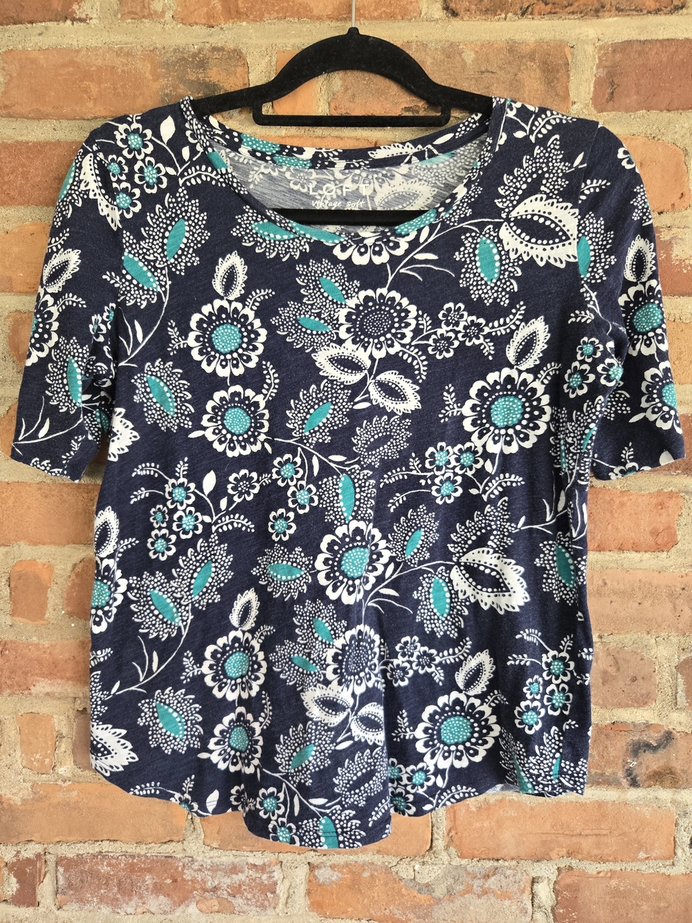 LOFT Navy Floral Short-Sleeve Tee with Teal & White Accents
